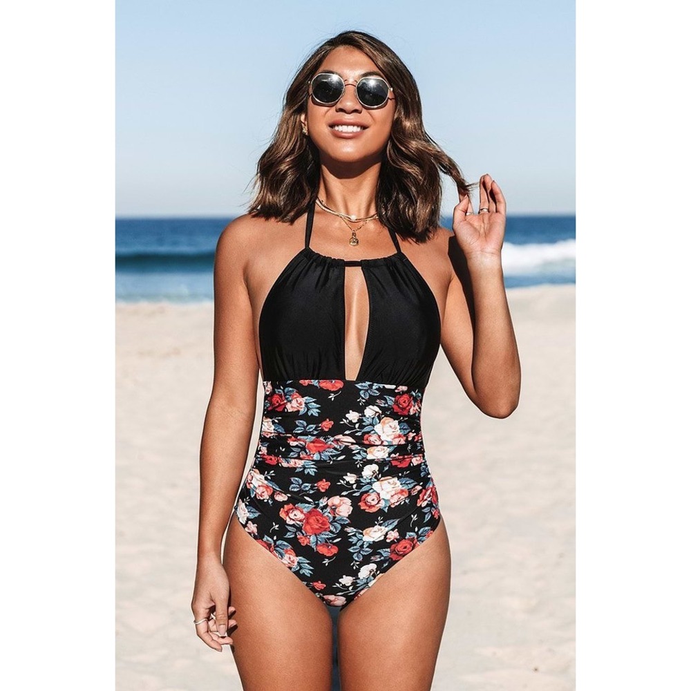 CUPSHE Black and Floral Plunging Halter One-Piece Swimsuit | NWT - SIZE L